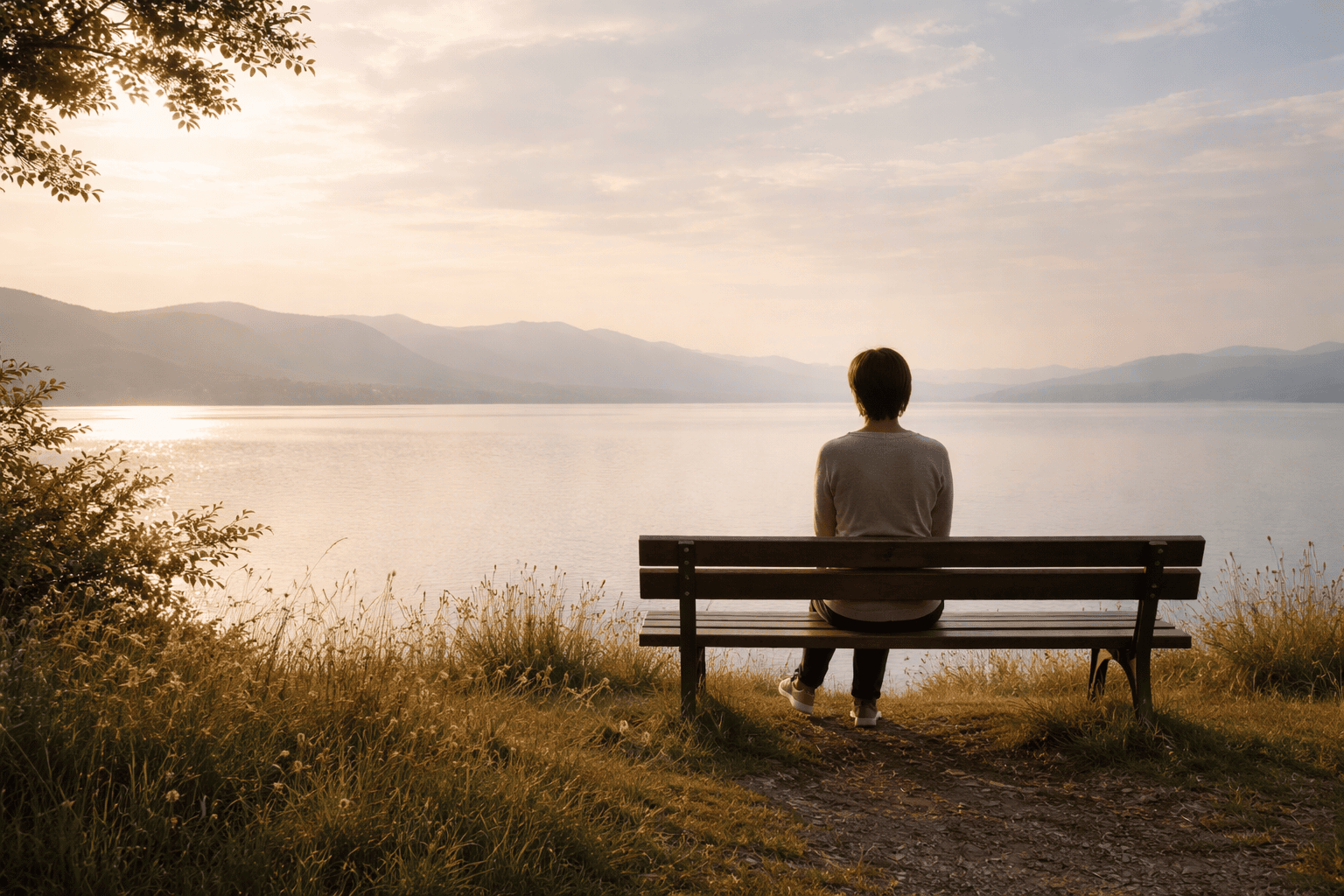 Person schaut auf den See, hat Zeit