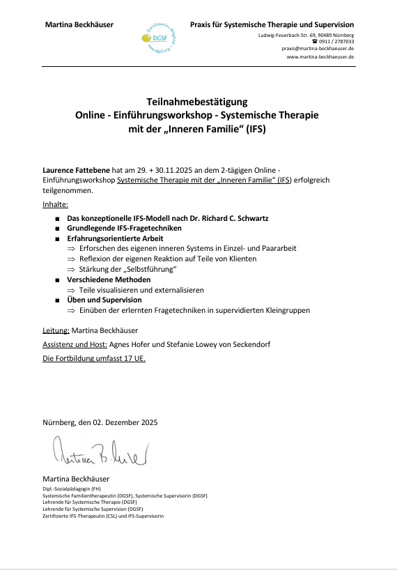 Zertifikat: Laurence Fattebene – Teilnahme am IFS-Workshop
